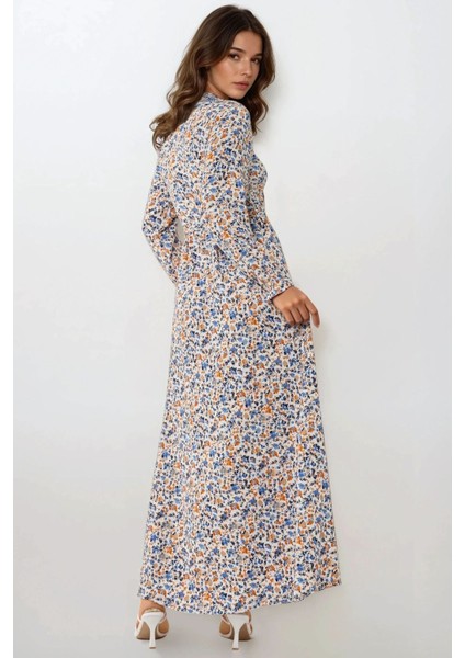 Kadın Çiçek Desenli Dokulu Kuşaklı Bisiklet Yaka Modest Elbise Bebek Mavisi fırsatları