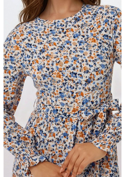 Kadın Çiçek Desenli Dokulu Kuşaklı Bisiklet Yaka Modest Elbise Bebek Mavisi indirimleri