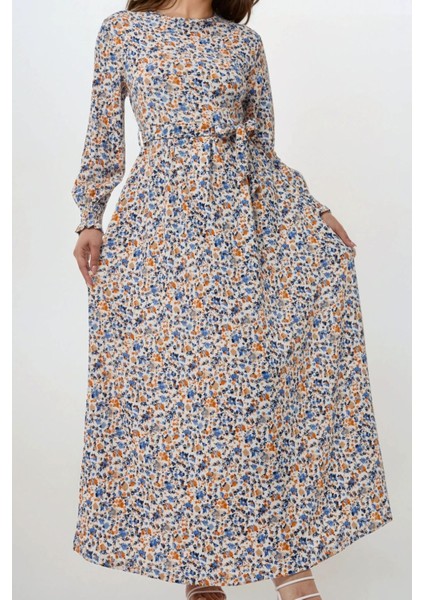 Kadın Çiçek Desenli Dokulu Kuşaklı Bisiklet Yaka Modest Elbise Bebek Mavisi