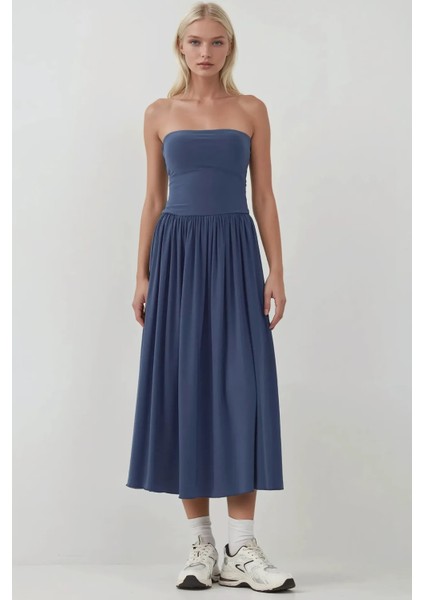 Kadın Çift Kullanımlı(Elbise/Etek) Esnek Straplez Sandy Elbise Oxford Mavisi