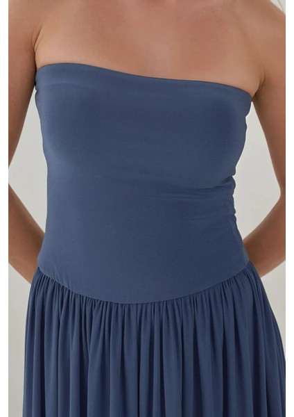Kadın Çift Kullanımlı(Elbise/Etek) Esnek Straplez Sandy Elbise Oxford Mavisi
