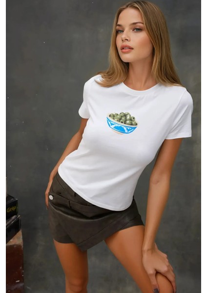 Kadın Kadın Bisiklet Yaka Kısa Kollu Önü Baskılı Pamuklu T-Shirt Tozlu Beyaz