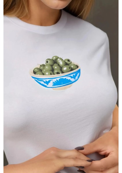 Kadın Kadın Bisiklet Yaka Kısa Kollu Önü Baskılı Pamuklu T-Shirt Tozlu Beyaz fiyatları