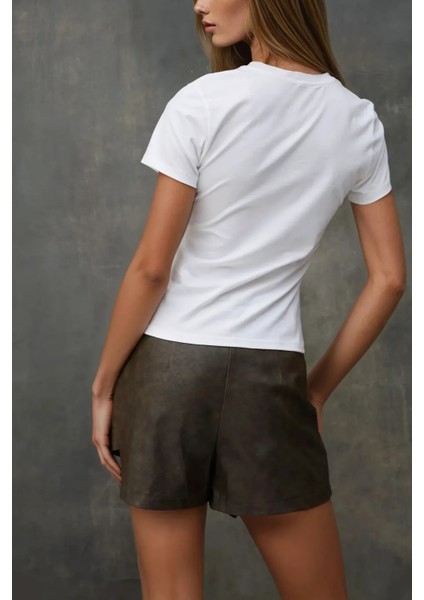 Kadın Kadın Bisiklet Yaka Kısa Kollu Önü Baskılı Pamuklu T-Shirt Tozlu Beyaz modelleri