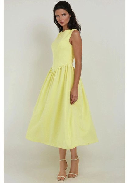 Kadın Kayık Yaka Volanlı Premium Midi Elbise Limon Sarısı