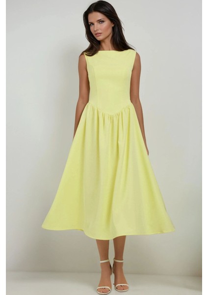 Kadın Kayık Yaka Volanlı Premium Midi Elbise Limon Sarısı fiyatları