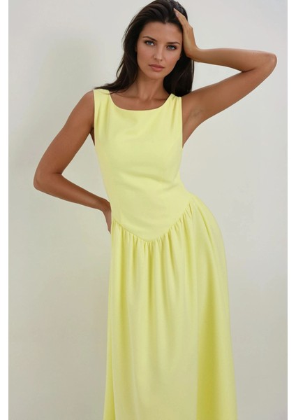Kadın Kayık Yaka Volanlı Premium Midi Elbise Limon Sarısı modelleri