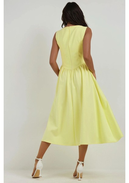 Kadın Kayık Yaka Volanlı Premium Midi Elbise Limon Sarısı fırsatları