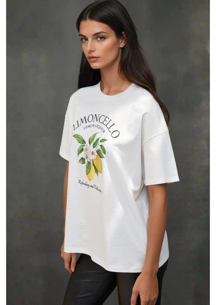 Kadın Kadın %100 Pamuk Bisiklet Yaka Oversize Beyaz Baskılı T-Shirt Yellow fırsatları