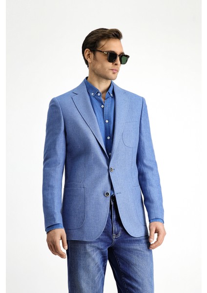 Regular Fit Keten Karışımlı Desenli Spor Ceket