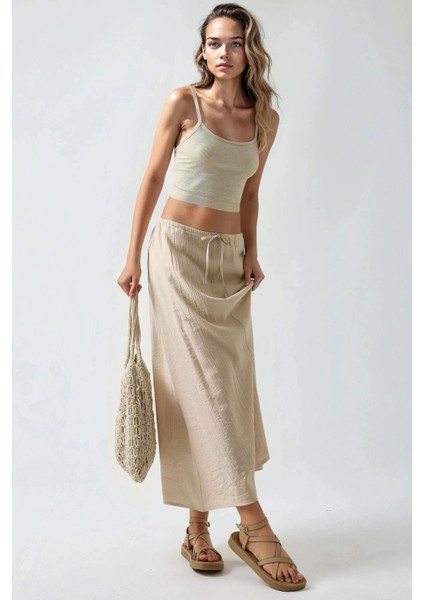 Kadın Yüksek Bel Dokulu Uzun Etek Natural indirimleri