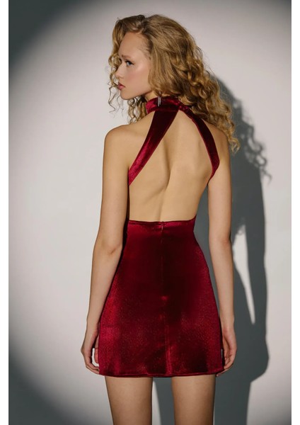 Kadın Halter Yaka Kadife Bodycon Mini Elbise Bordo Kırmızı