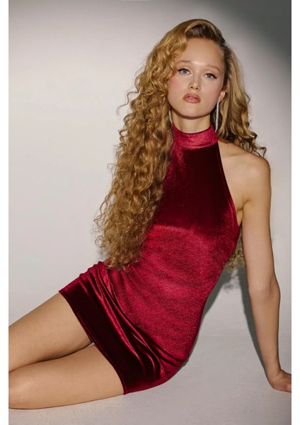 Kadın Halter Yaka Kadife Bodycon Mini Elbise Bordo Kırmızı fiyatları