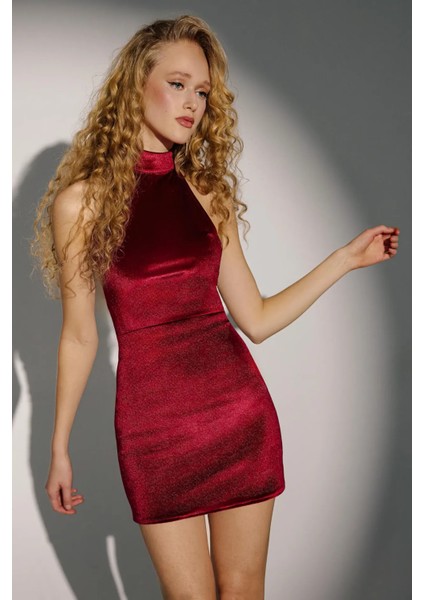 Kadın Halter Yaka Kadife Bodycon Mini Elbise Bordo Kırmızı fırsatları