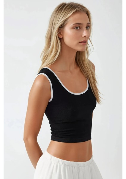Kadın Fitted Crew Yaka Kontrast Tank Top Busem Collection Siyah
