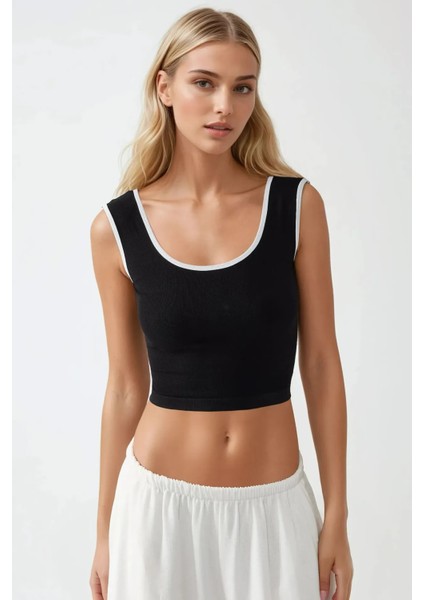 Kadın Fitted Crew Yaka Kontrast Tank Top Busem Collection Siyah modelleri
