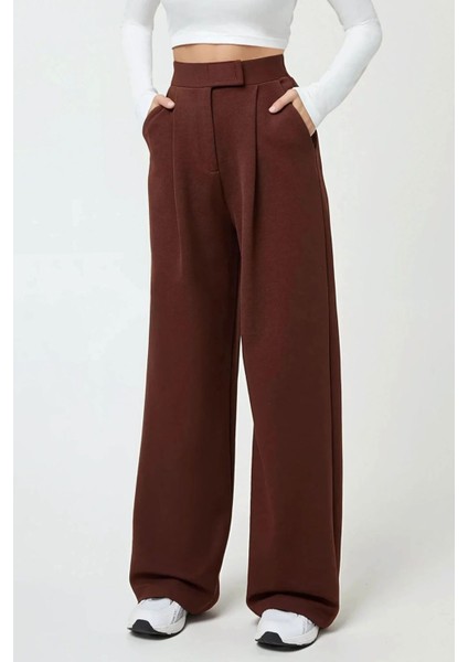 Kadın Yüksek Bel Likralı Cırt Kapamalı Krep Palazzo Pantolon Kahverengi