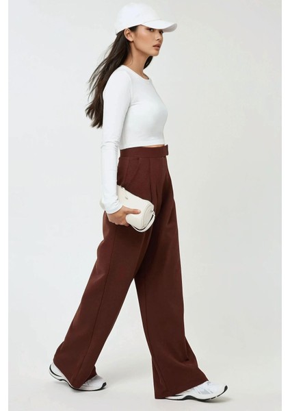 Kadın Yüksek Bel Likralı Cırt Kapamalı Krep Palazzo Pantolon Kahverengi modelleri