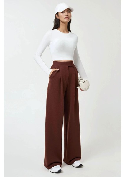 Kadın Yüksek Bel Likralı Cırt Kapamalı Krep Palazzo Pantolon Kahverengi fırsatları