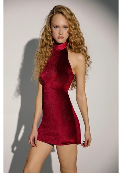 Kadın Halter Yaka Kadife Bodycon Mini Elbise Bordo Kırmızı indirimleri