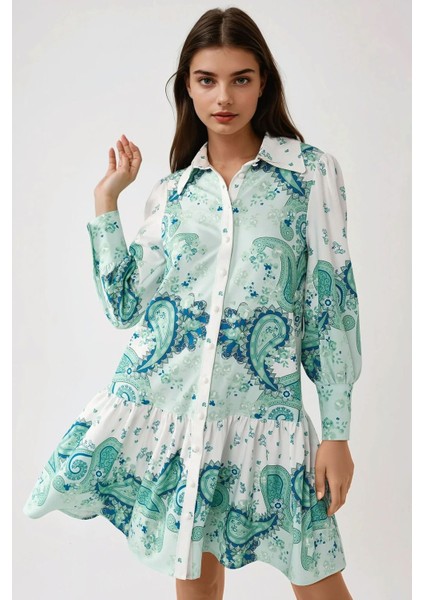 Kadın Baskılı Uzun Kol Kemerli Mini Elbise Green