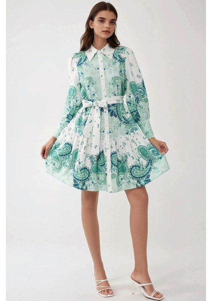 Kadın Baskılı Uzun Kol Kemerli Mini Elbise Green modelleri