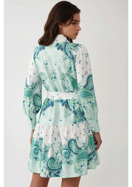 Kadın Baskılı Uzun Kol Kemerli Mini Elbise Green indirimleri