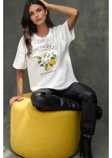 Kadın Kadın %100 Pamuk Bisiklet Yaka Oversize Beyaz Baskılı T-Shirt Yellow fiyatları