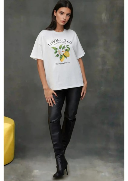 Kadın Kadın %100 Pamuk Bisiklet Yaka Oversize Beyaz Baskılı T-Shirt Yellow indirimleri