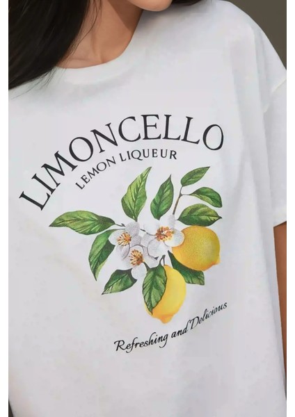 Kadın Kadın %100 Pamuk Bisiklet Yaka Oversize Beyaz Baskılı T-Shirt Yellow