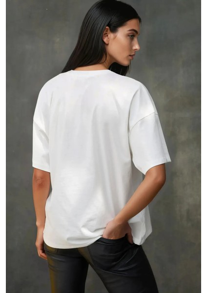 Kadın Kadın %100 Pamuk Bisiklet Yaka Oversize Beyaz Baskılı T-Shirt Yellow