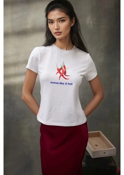 Kadın Kadın Bisiklet Yaka Kısa Kollu Önü Baskılı Pamuklu T-Shirt White