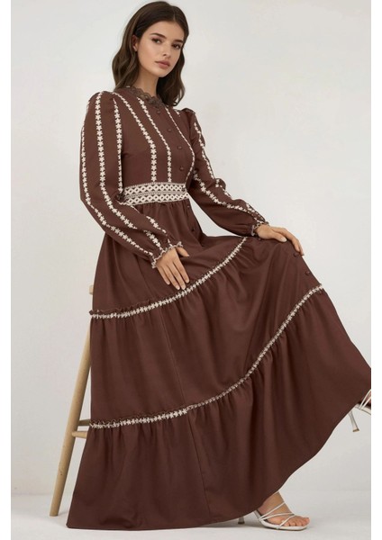 Kadın Çiçekli Tippet Uzun Elbise Brown indirimleri