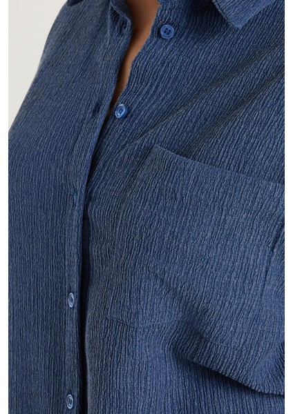 Kadın Relax Fit Rahat Kesim Uzun Kollu Gofre indigo Gömlek modelleri