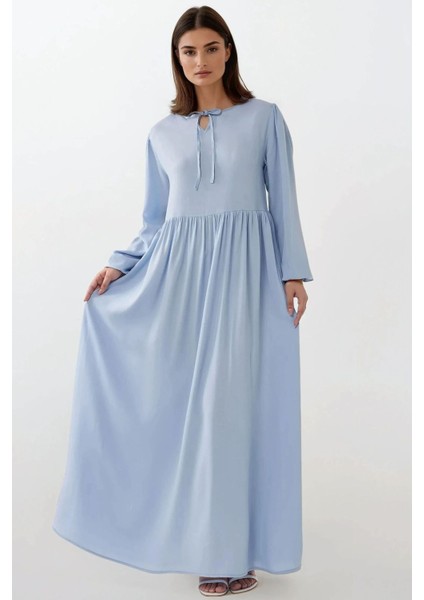 Kadın A-Form Fit ve Bisiklet Yaka Modest Dokulu Elbise Mavi