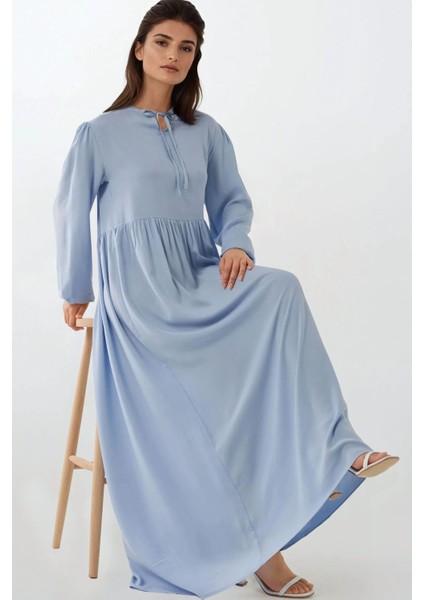 Kadın A-Form Fit ve Bisiklet Yaka Modest Dokulu Elbise Mavi fiyatları