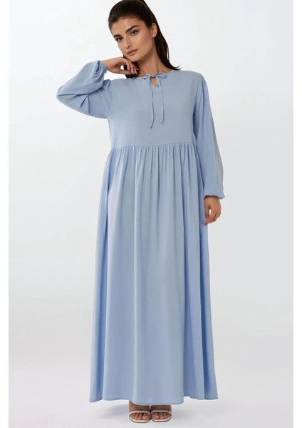 Kadın A-Form Fit ve Bisiklet Yaka Modest Dokulu Elbise Mavi fırsatları