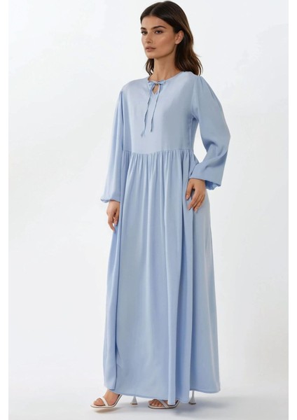 Kadın A-Form Fit ve Bisiklet Yaka Modest Dokulu Elbise Mavi