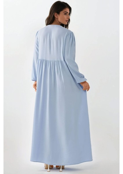 Kadın A-Form Fit ve Bisiklet Yaka Modest Dokulu Elbise Mavi