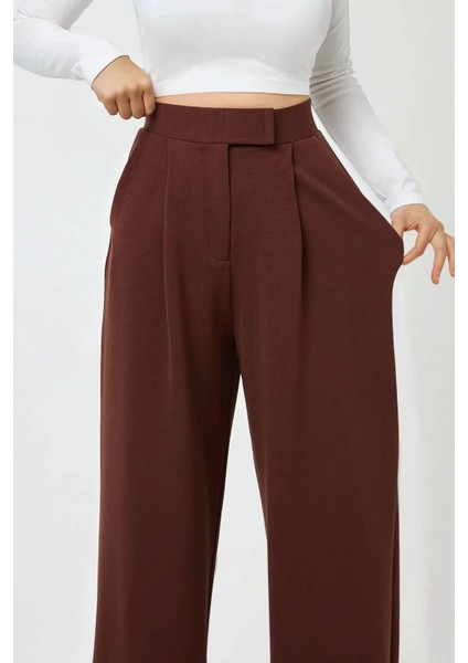 Kadın Yüksek Bel Likralı Cırt Kapamalı Krep Palazzo Pantolon Kahverengi indirimleri