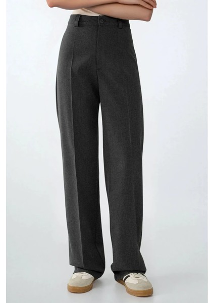 Kadın Yüksek Bel Straight Kumaş Pantolon Koyu Gri