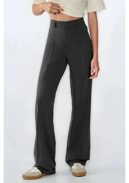 Kadın Yüksek Bel Straight Kumaş Pantolon Koyu Gri fiyatları