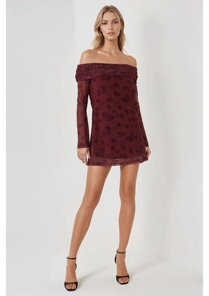 Kadın Çiçek Desenli Omzu Açık Tül Bodycon Mini Elbise Kırmızı fırsatları