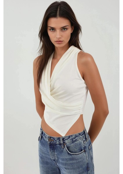 Kadın Halter Yaka Kruvaze Esnek Sandy Örme Üst White fırsatları