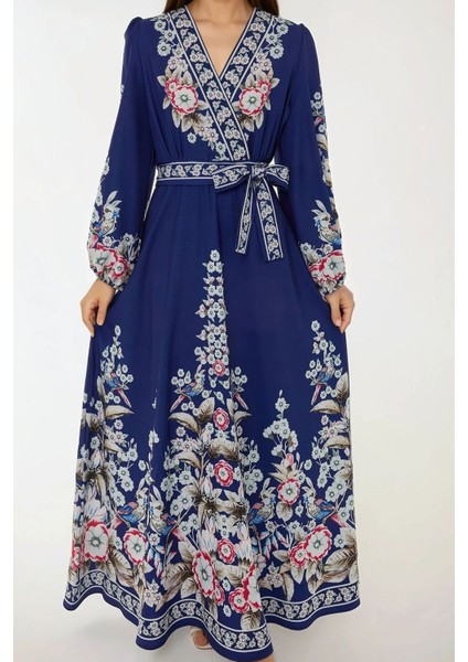 Kadın Baskılı Uzun Kol Kuşaklı Modest Elbise Blue fiyatları