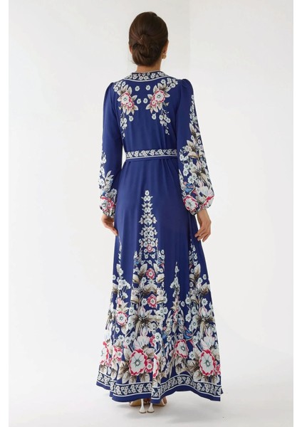 Kadın Baskılı Uzun Kol Kuşaklı Modest Elbise Blue modelleri