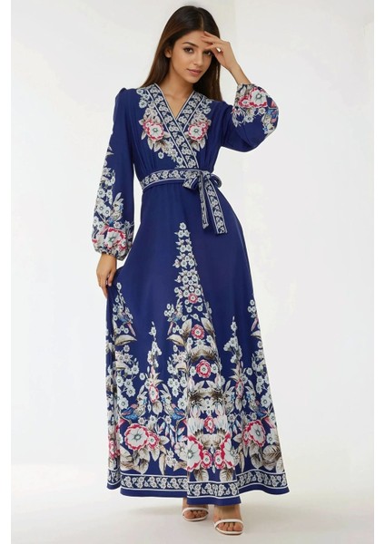 Kadın Baskılı Uzun Kol Kuşaklı Modest Elbise Blue indirimleri