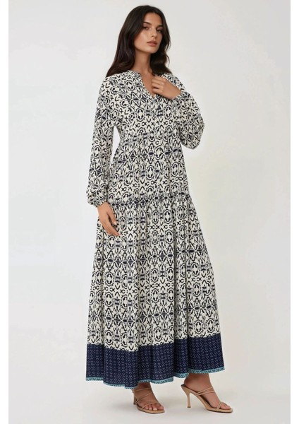 Kadın Gömlek Yaka Desenli Modest Elbise Lacivert