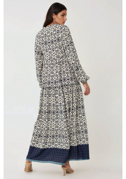 Kadın Gömlek Yaka Desenli Modest Elbise Lacivert