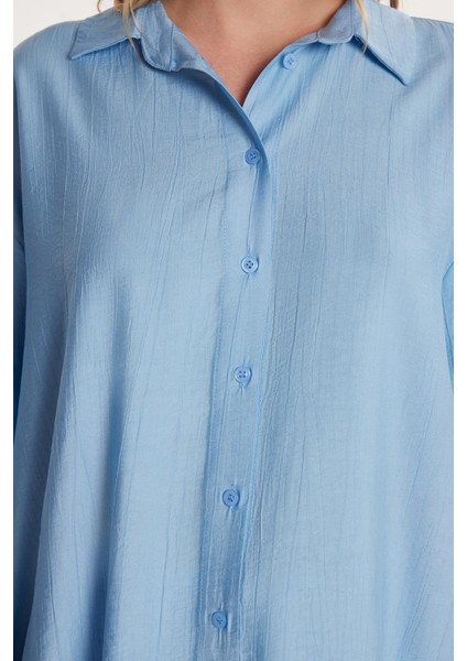 Kadın Regular Fit Uzun Kollu Sırt Bağlama Detaylı Mavi Gömlek modelleri